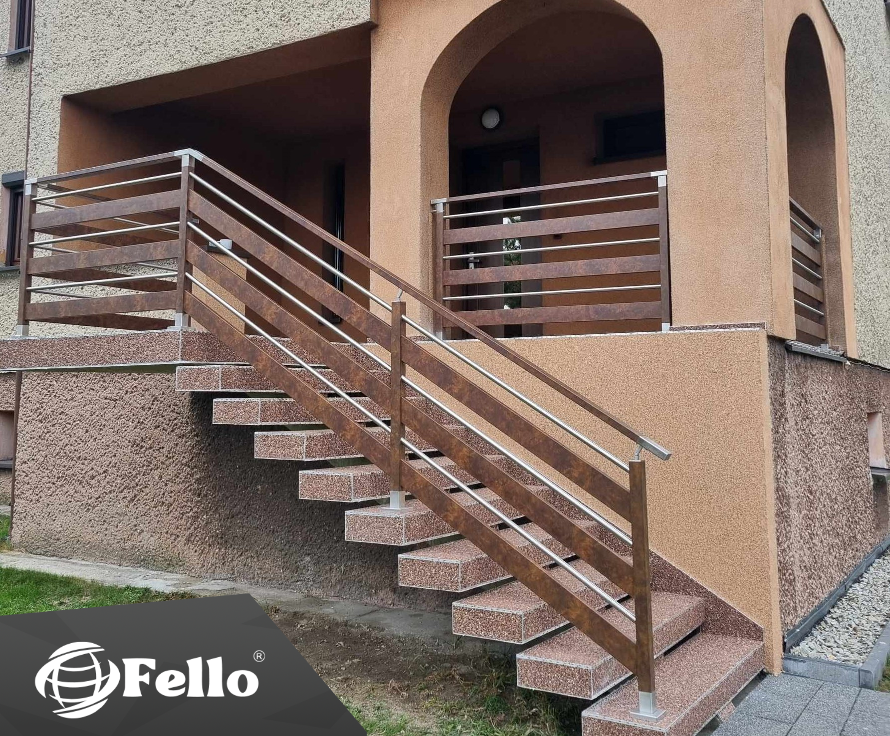 Fello Diverse railing in a corten finish on external steps